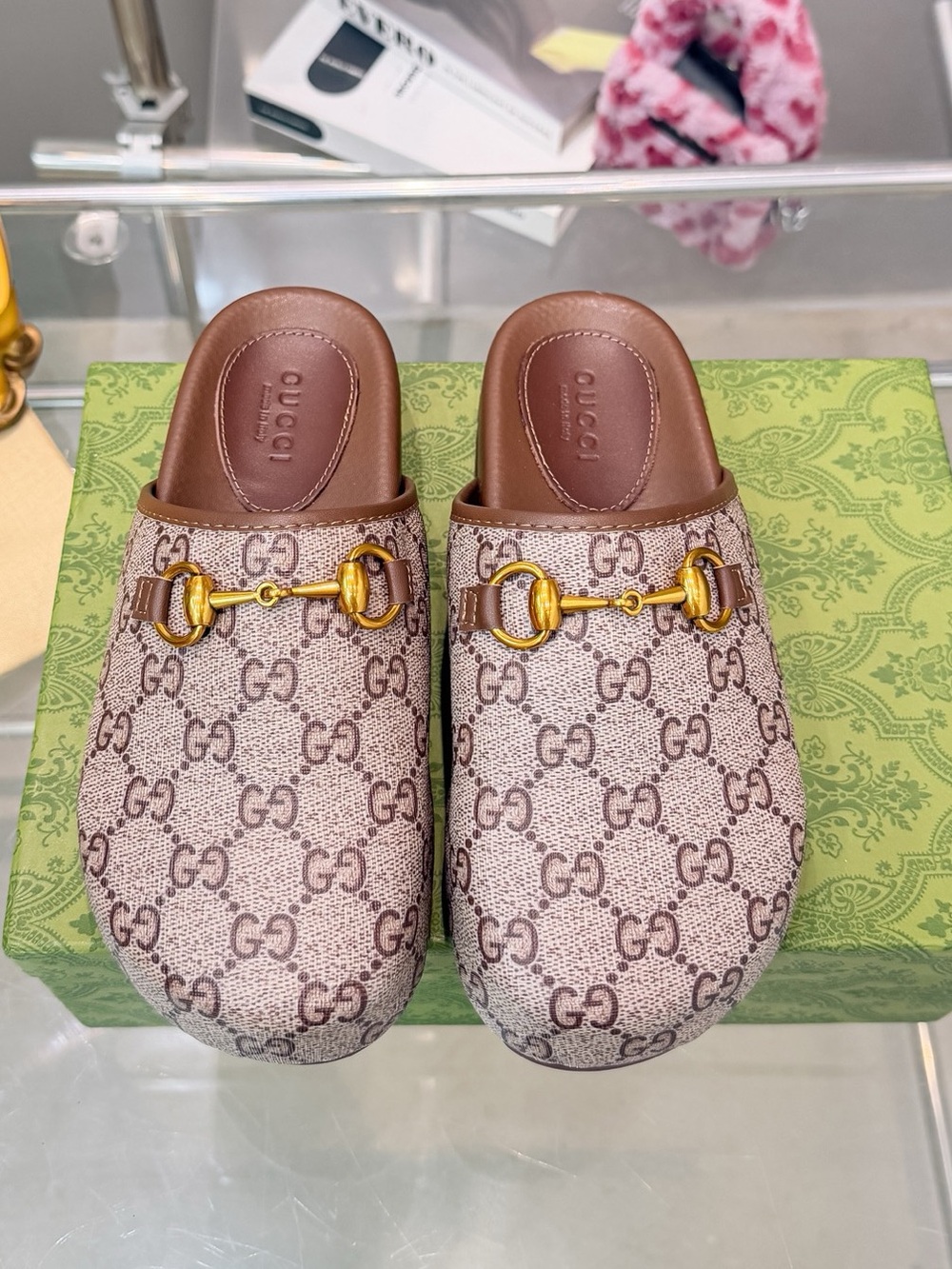 Gucci GG Supreme Horsebit Closed‑Toe Mule Clog Slides Beige Brown